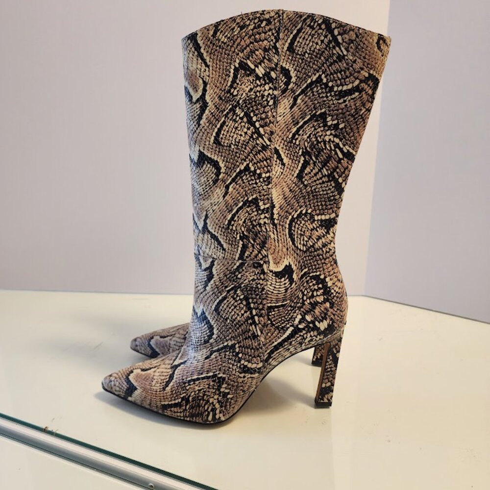 Vince Camuto Tan Snake Print Leather Mid-Calf Heeled Boots - Picture 8 of 11
